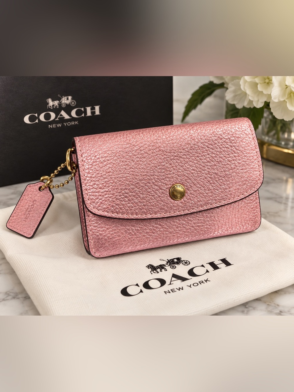Coach Limited Edition Metallic Pink Soft Pebbled Leather Card Pouch Clutch
